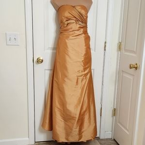 Sofia Tolli strapless gown prom dress orange iridescent marigold yellow